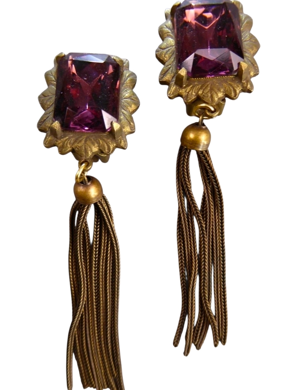 Vtt Gold Tone Bronze Joseff? Mesh Tassel Purple Paste Stone Clip Earrings Deco
